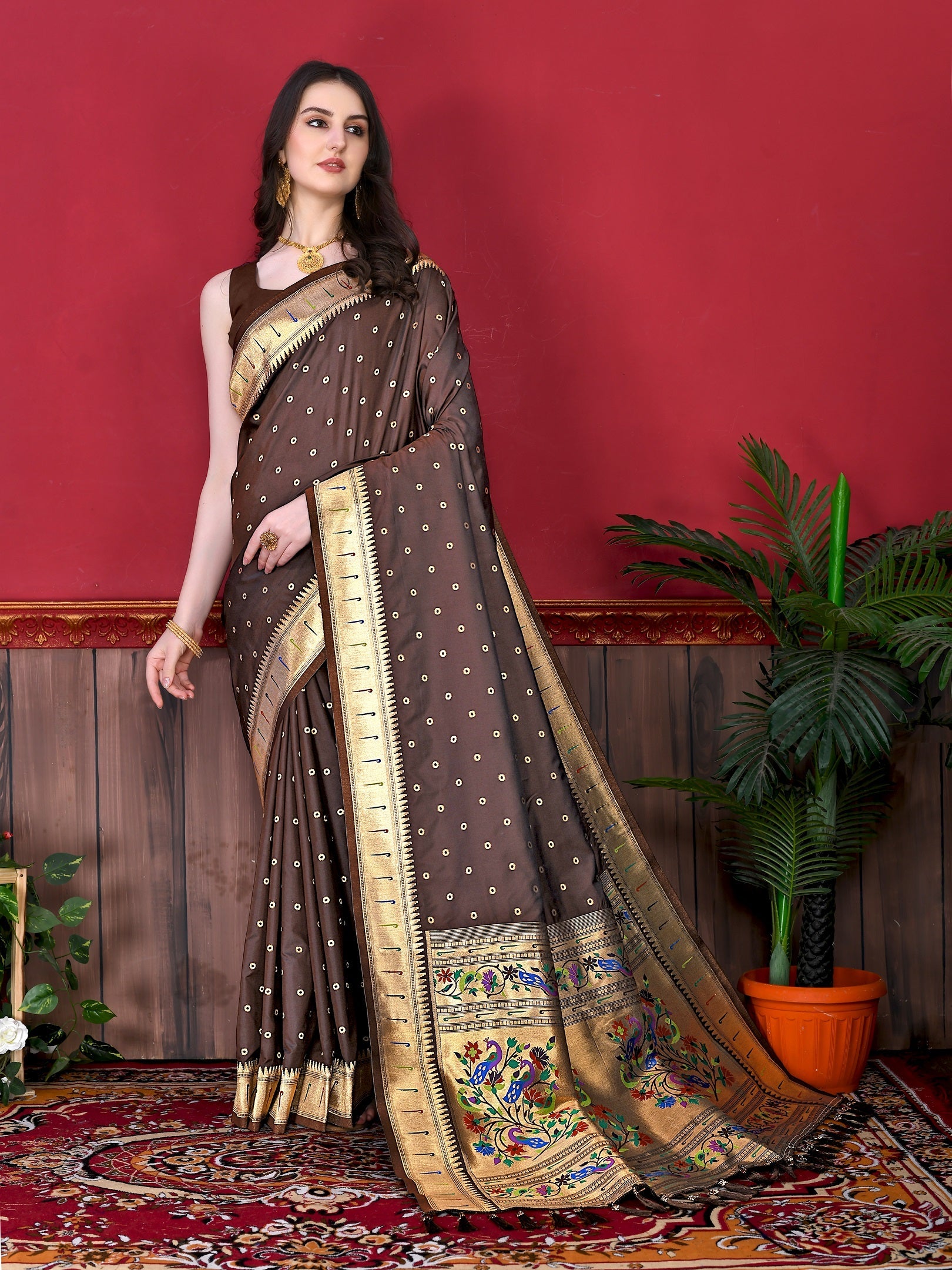 Vedant Vastram Soft Litchi Silk Paithani Silk Saree - Brown