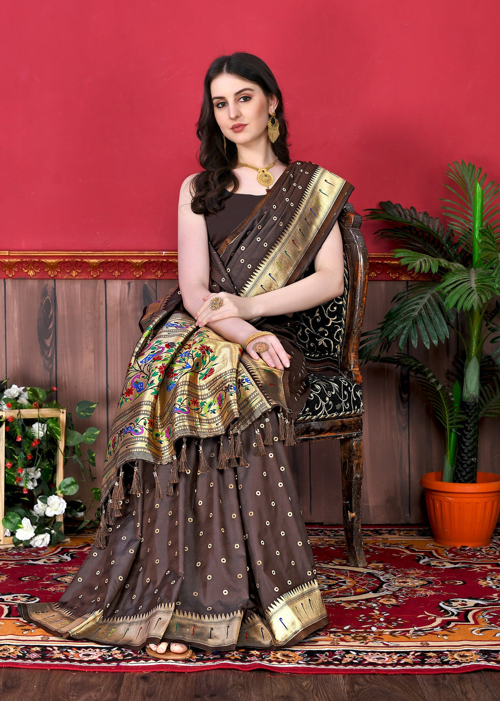 Vedant Vastram Soft Litchi Silk Paithani Silk Saree - Brown