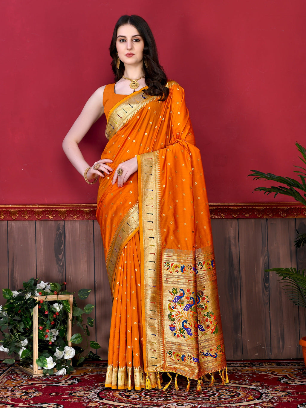 Vedant Vastram Soft Litchi Silk Paithani Silk Saree - Orange