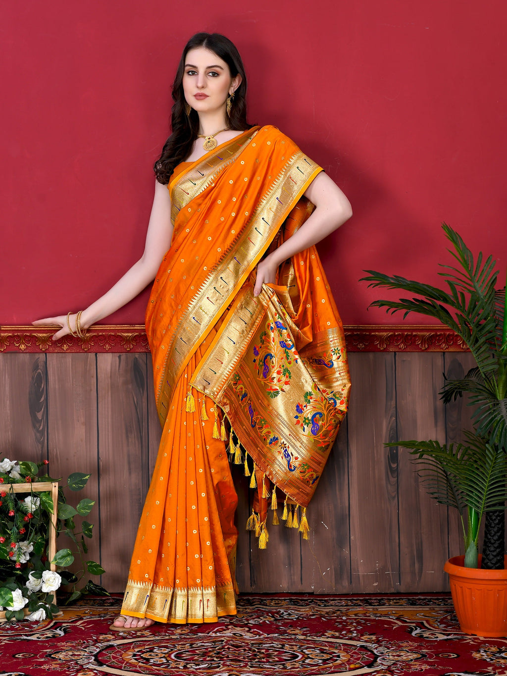 Vedant Vastram Soft Litchi Silk Paithani Silk Saree - Orange