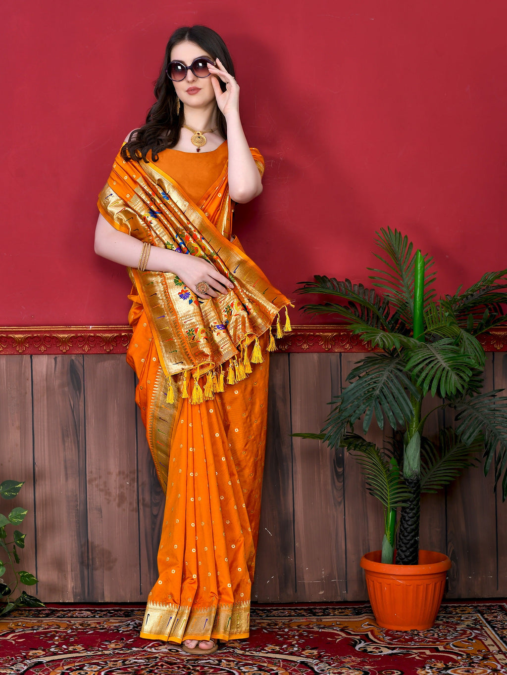 Vedant Vastram Soft Litchi Silk Paithani Silk Saree - Orange
