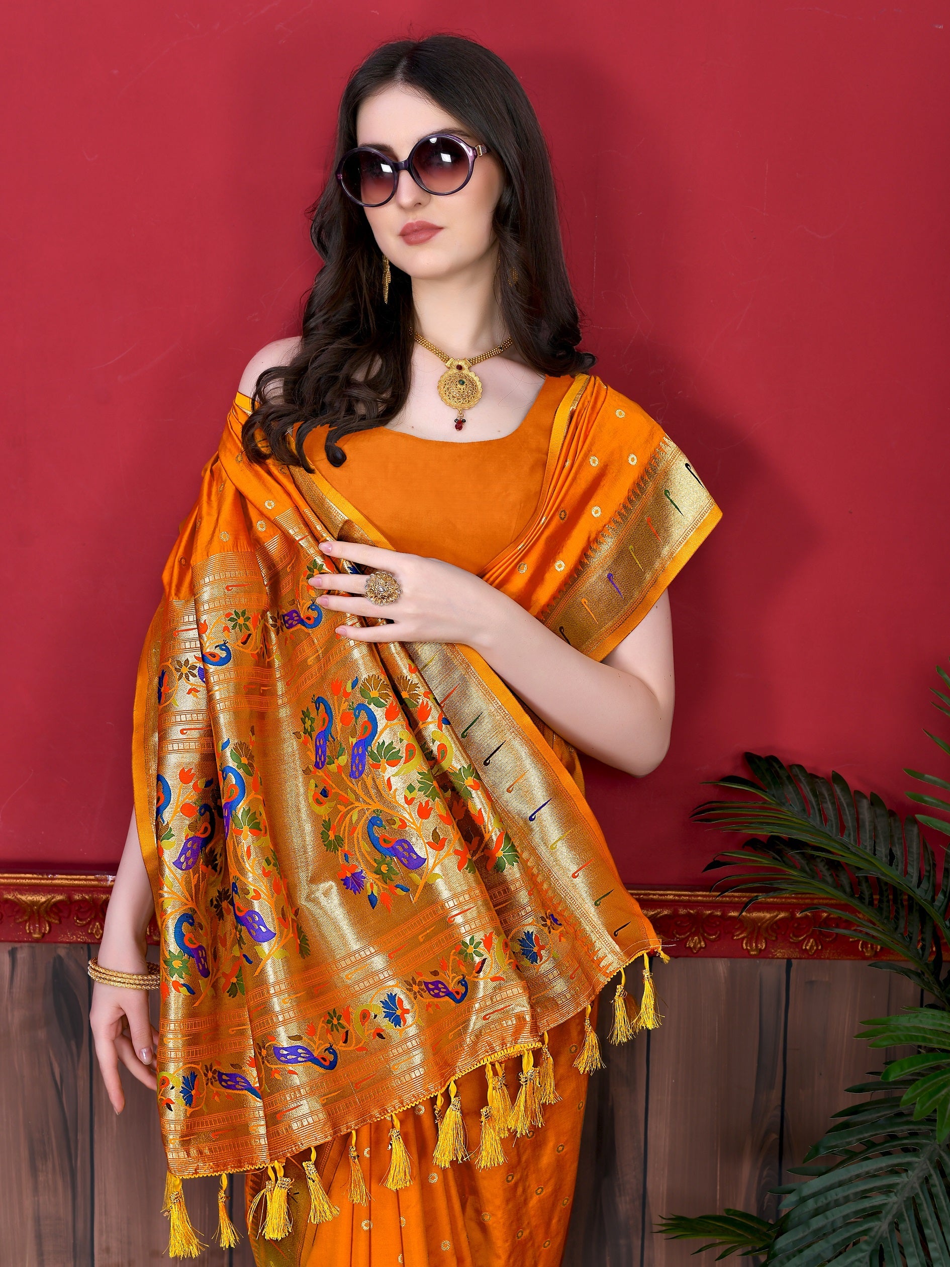 Vedant Vastram Soft Litchi Silk Paithani Silk Saree - Orange