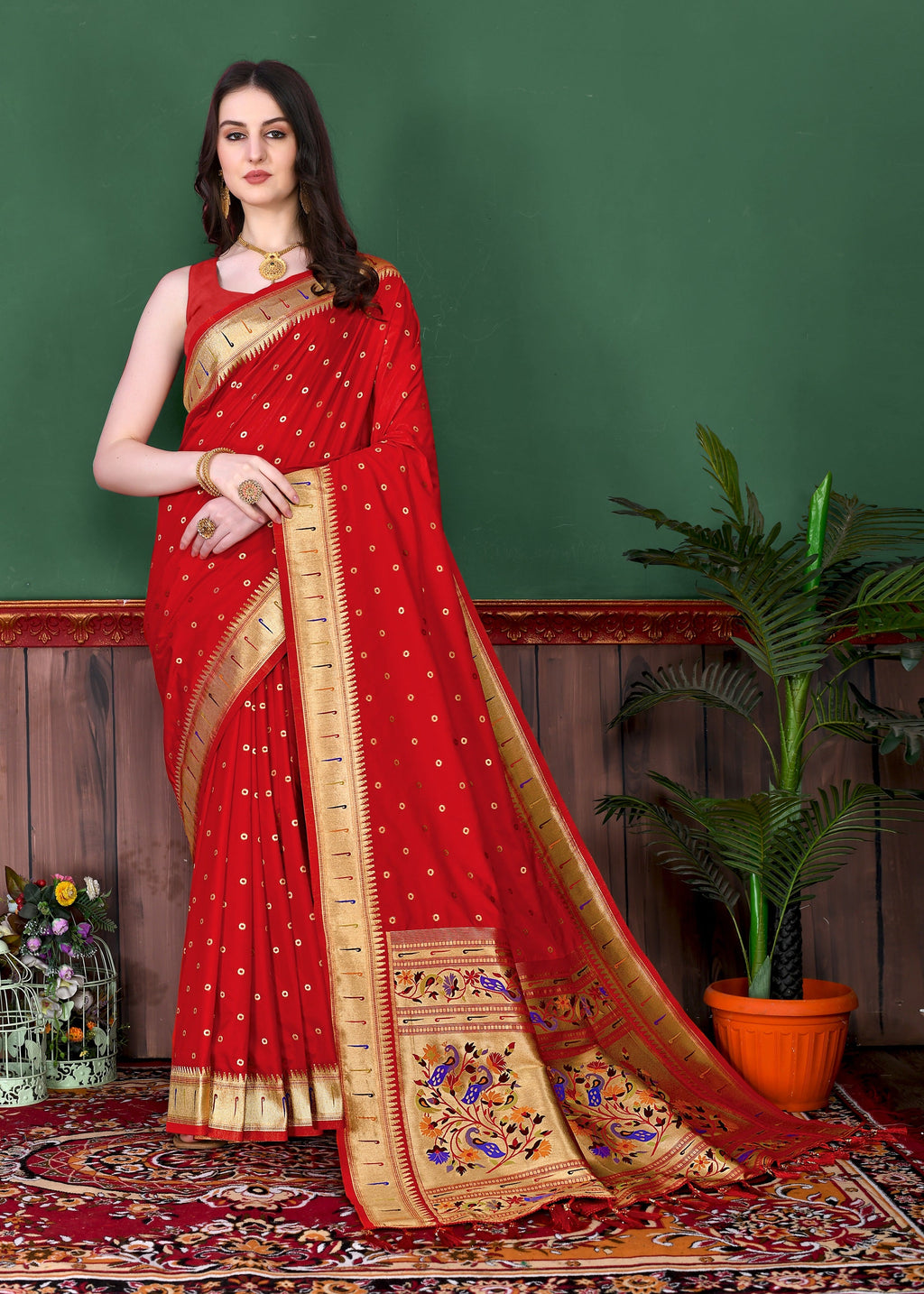 Vedant Vastram Soft Litchi Silk Paithani Silk Saree - Red