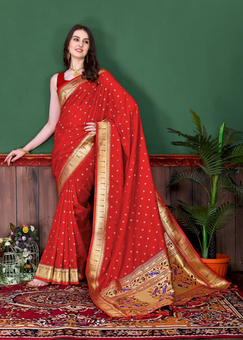 Vedant Vastram Soft Litchi Silk Paithani Silk Saree - Red