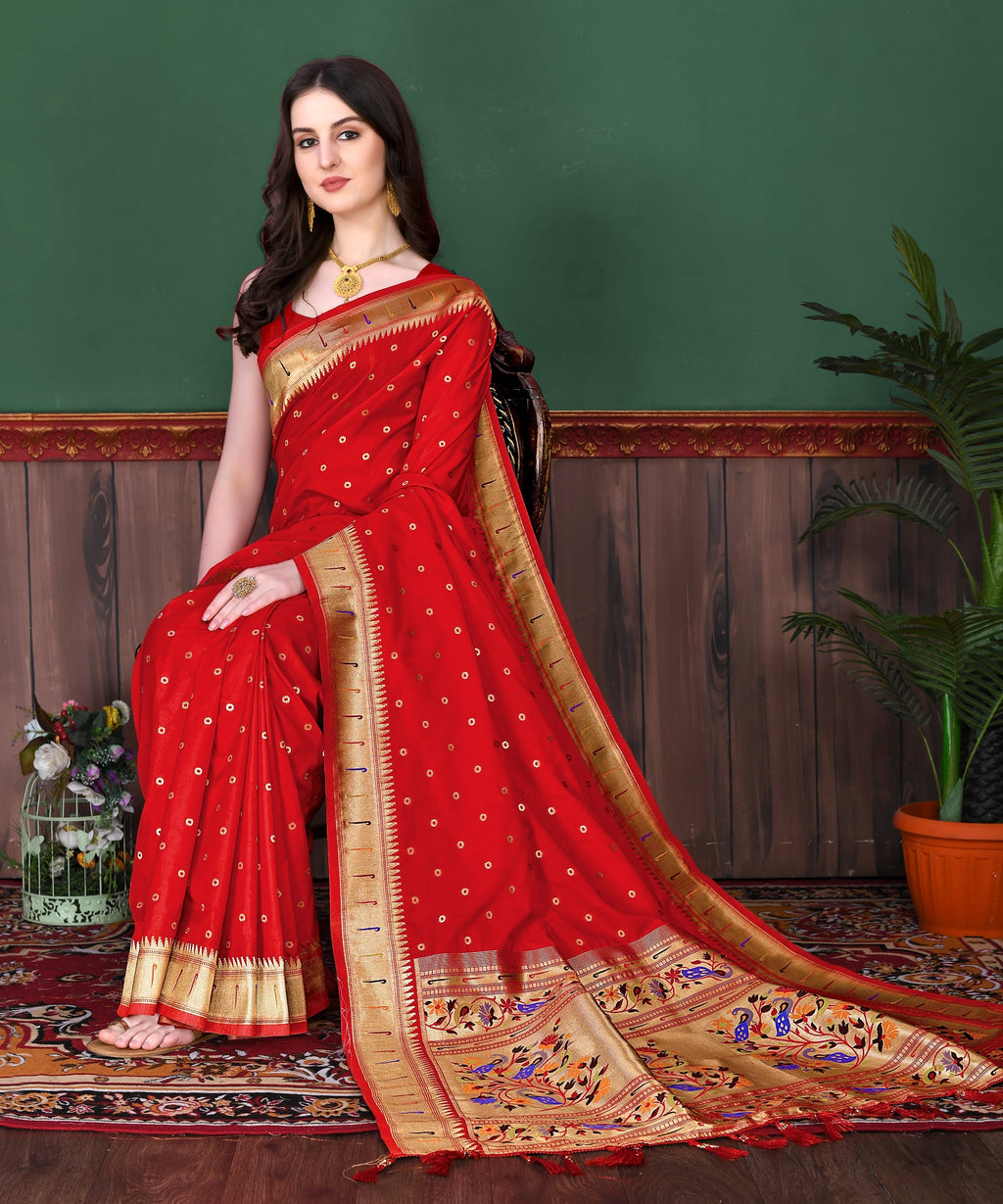 Vedant Vastram Soft Litchi Silk Paithani Silk Saree - Red
