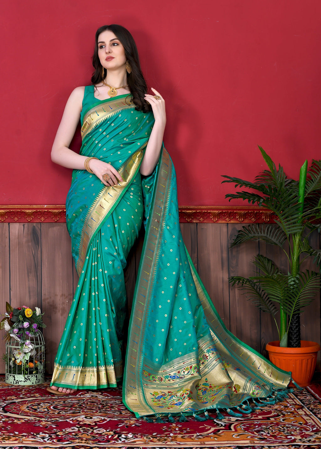 Vedant Vastram Soft Litchi Silk Paithani Silk Saree - Seegreen