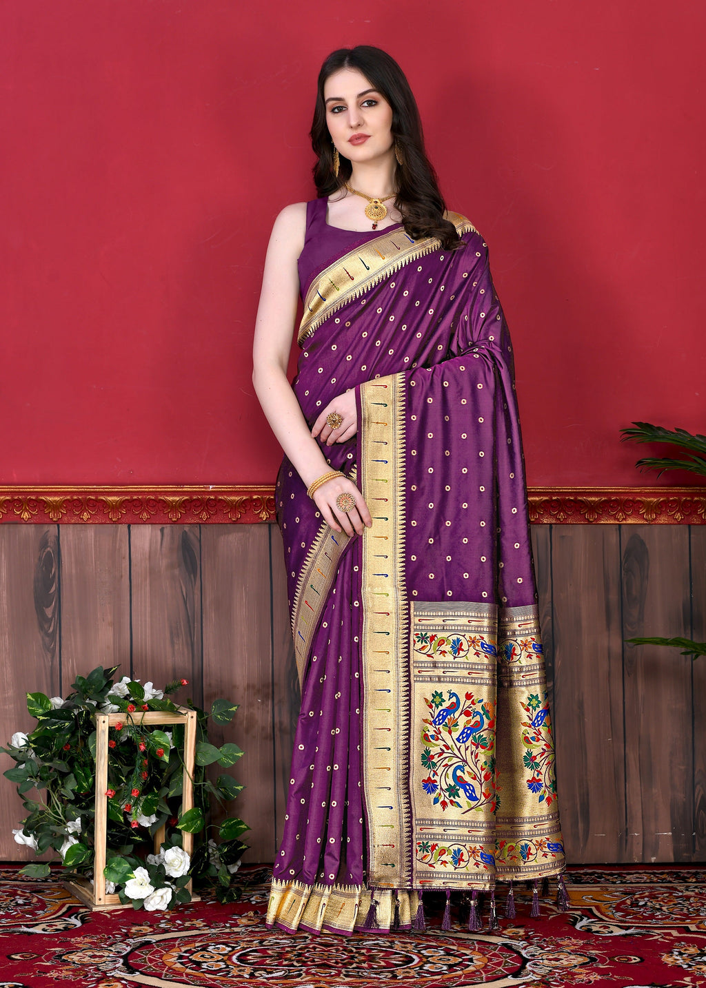 Vedant Vastram Soft Litchi Silk Paithani Silk Saree - Wine