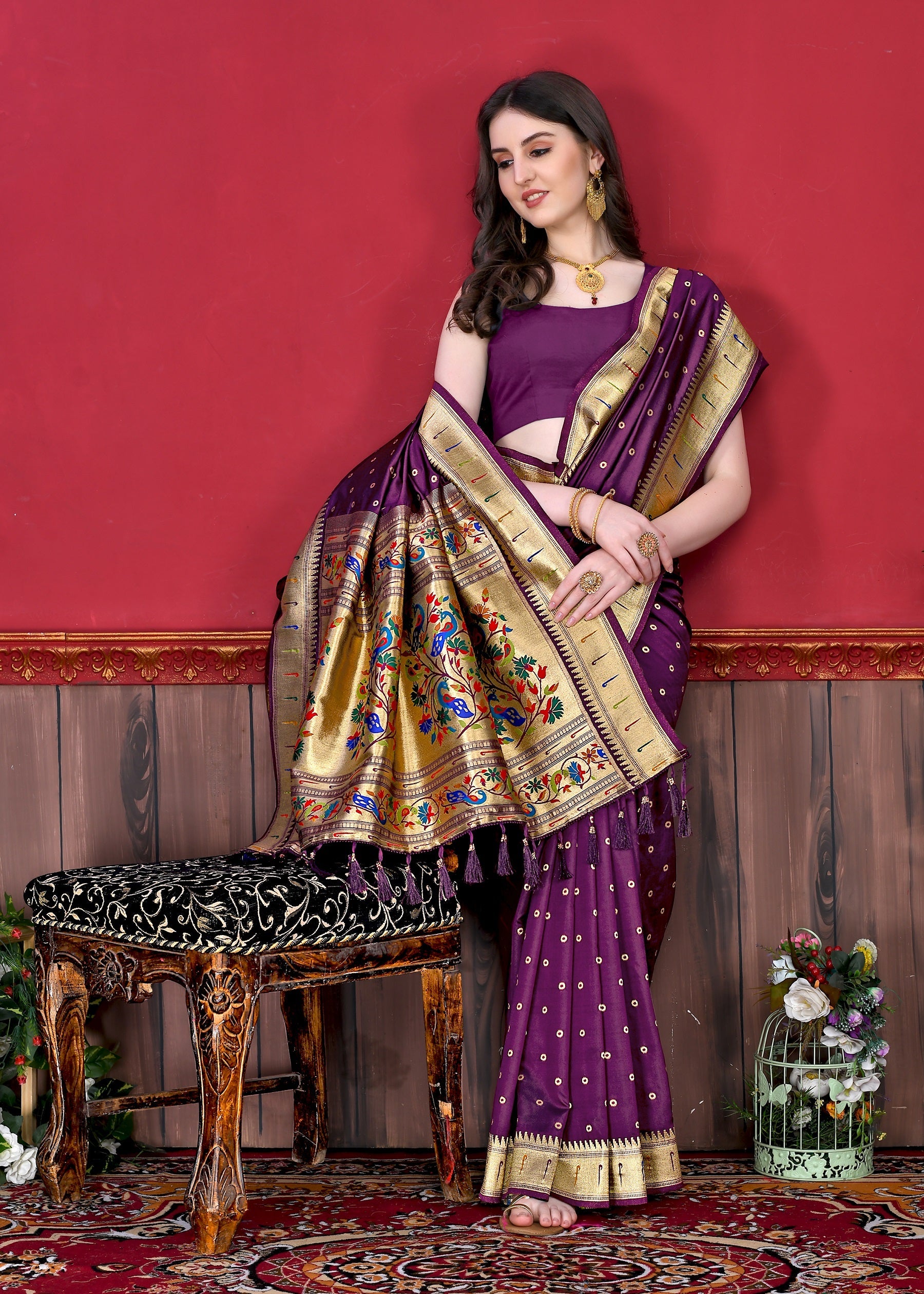 Vedant Vastram Soft Litchi Silk Paithani Silk Saree - Wine