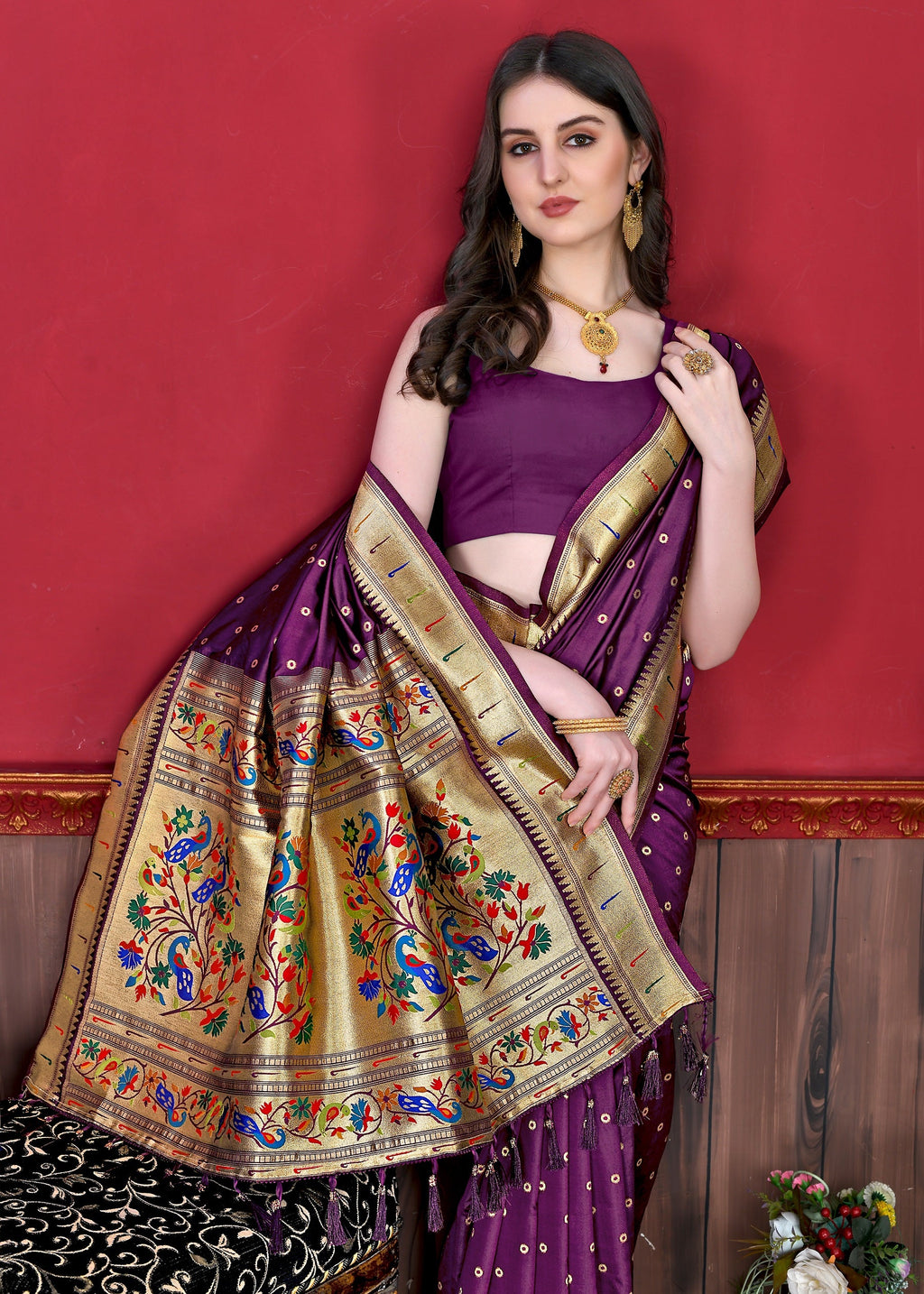 Vedant Vastram Soft Litchi Silk Paithani Silk Saree - Wine