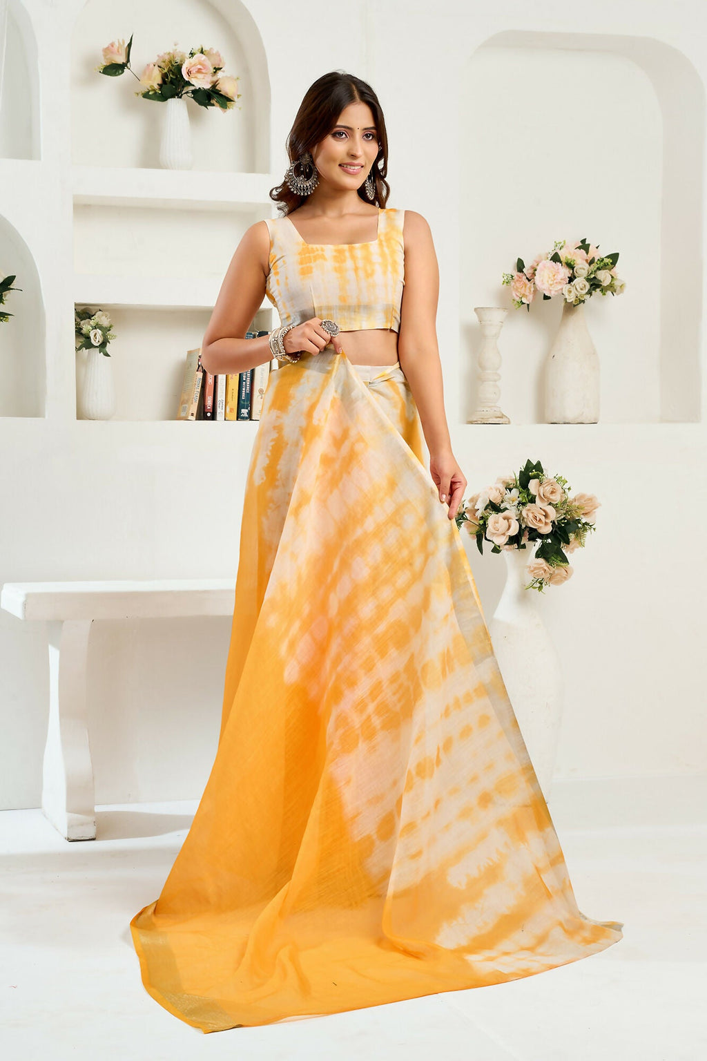 Vastranavya Yellow White Digital Printed Linen Ready To Wear Designer Saree with Unstitched Blouse