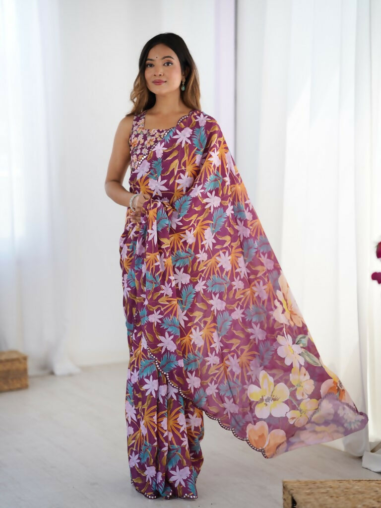 Wine Chinon Designer Digital Printed,Mirror Cut Work Saree - Elayna