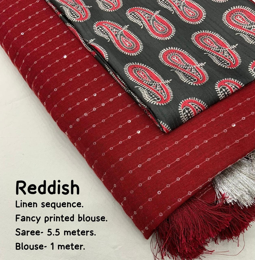 Red Linen Sequence Saree with Unstitched Blouse - Hiral Fashion