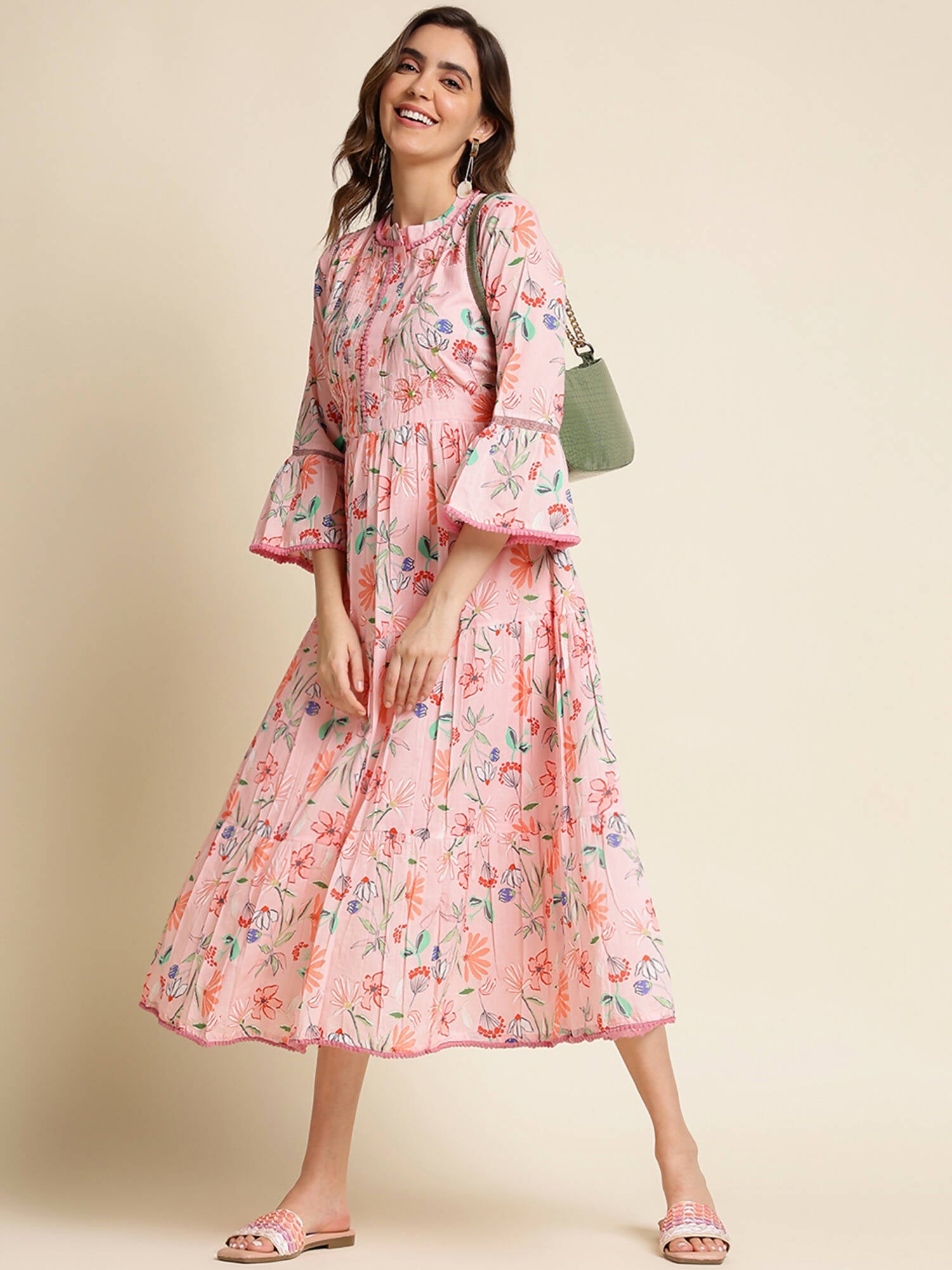 Pink Cotton Floral Printed Dress - Nandani