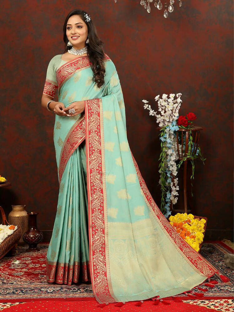 Lorenvalley Fashion Skyblue Cotton Woven Design with Zari Weaving Design Saree