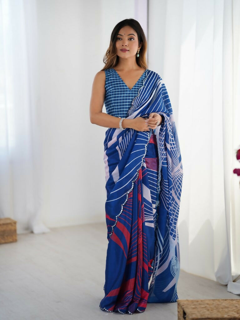 Blue Chinon Designer Digital Printed,Mirror Cut Work Saree - Manvika