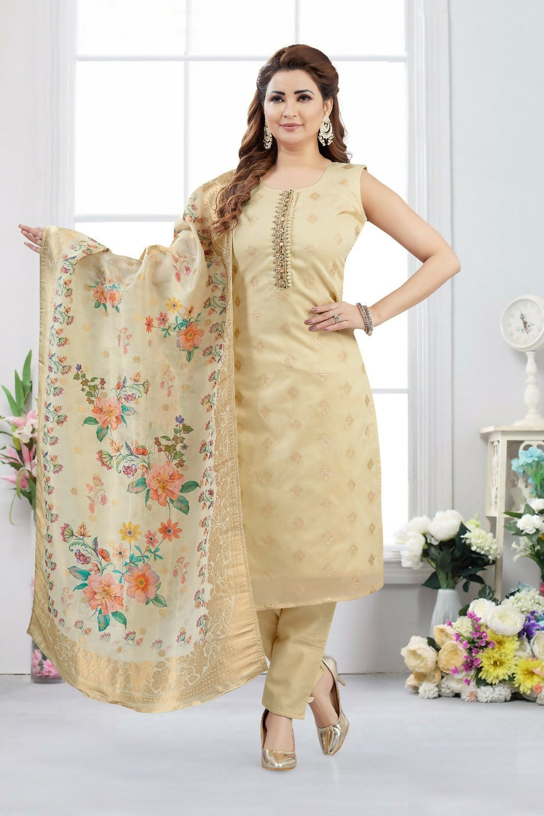 Joban Fashion Jacquard Beige Color Kurta Set