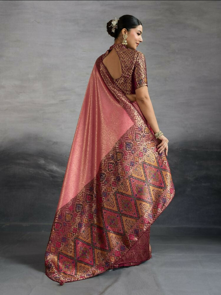 PR Fashion Peach Kanjivaram Soft Silk Kadiyal Pattern Double Zari Woven Patta, Meenakari Woven Pallu Saree