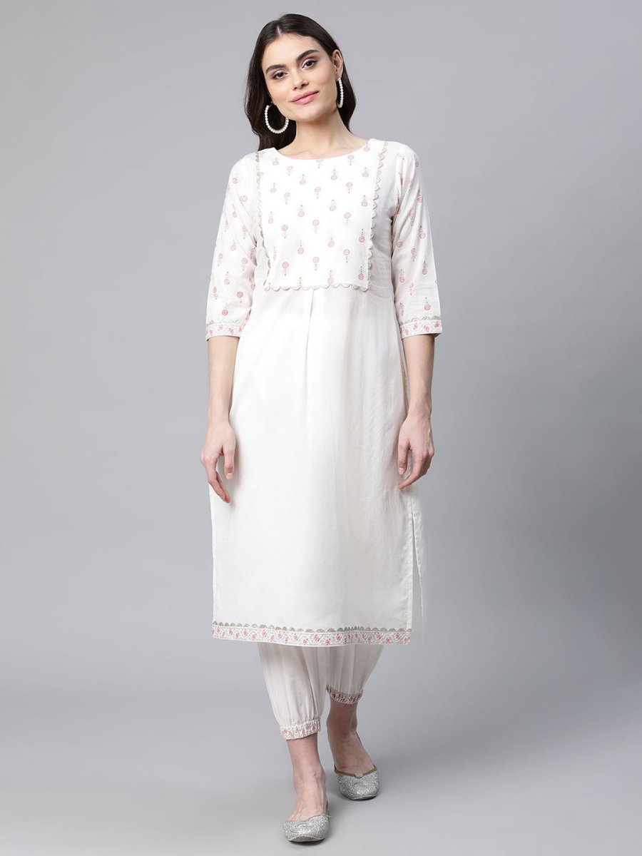 Ahalyaa Women Offwhite Pure Cotton Printed Floral Kurta With Trousers