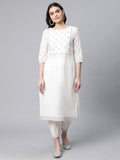 Ahalyaa Women Offwhite Pure Cotton Printed Floral Kurta With Trousers