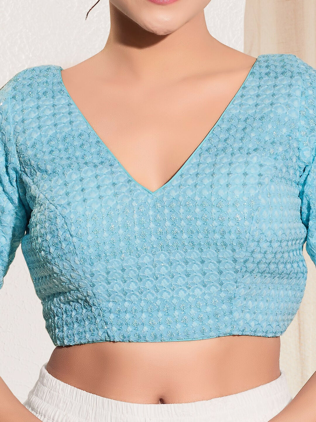 Joban Fashion Light Blue Crochet Padded Blouse With V Neck Elbow Sleeves