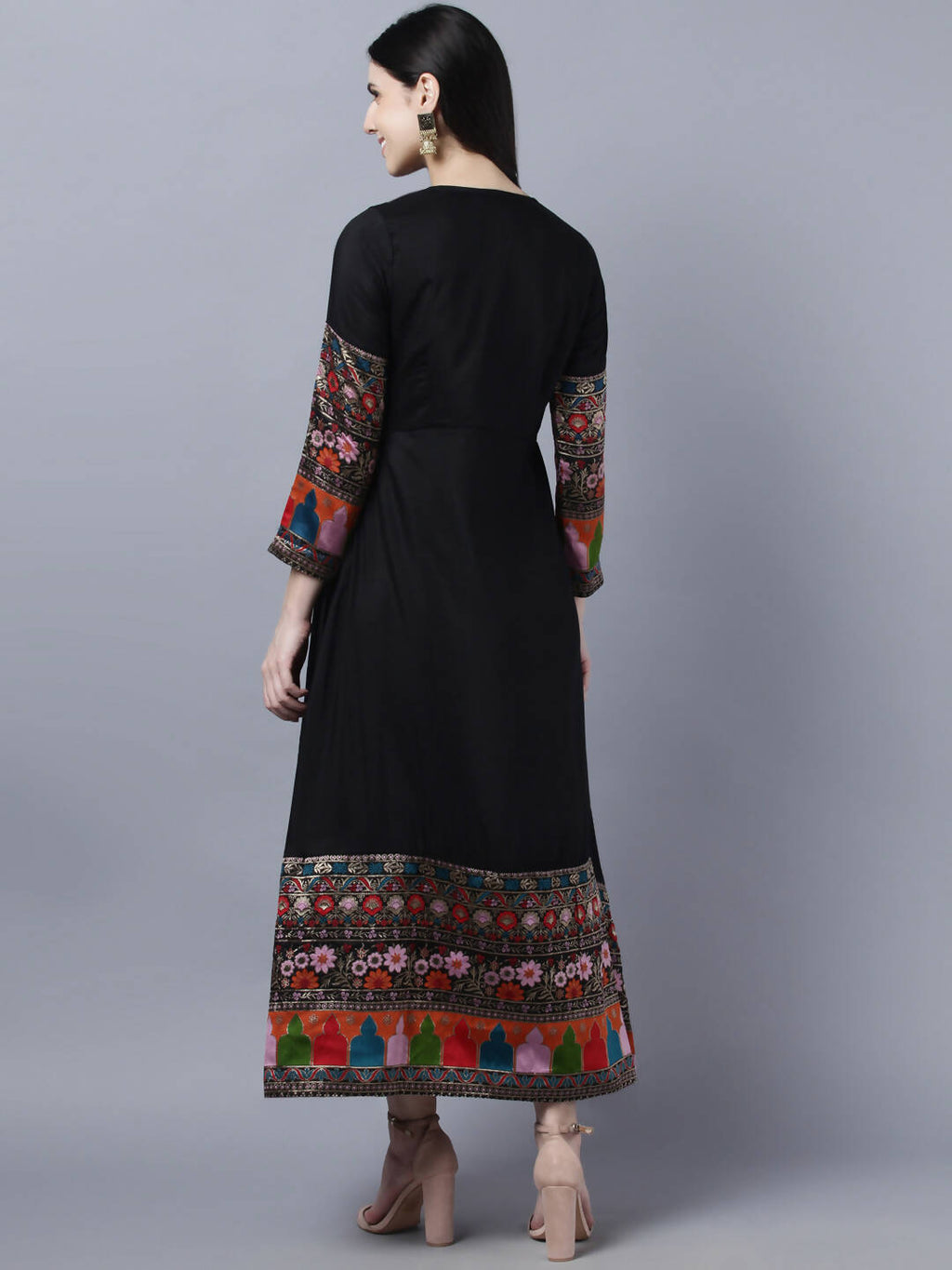 Myshka Women Black Embroidered Detail Anarkali Kurta With Dupatta