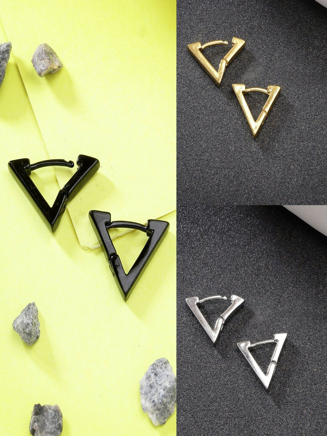 NVR Men's Set of 3 Multicolor Rhodium-Plated Geometric Shape Stainless Steel Studs Earring