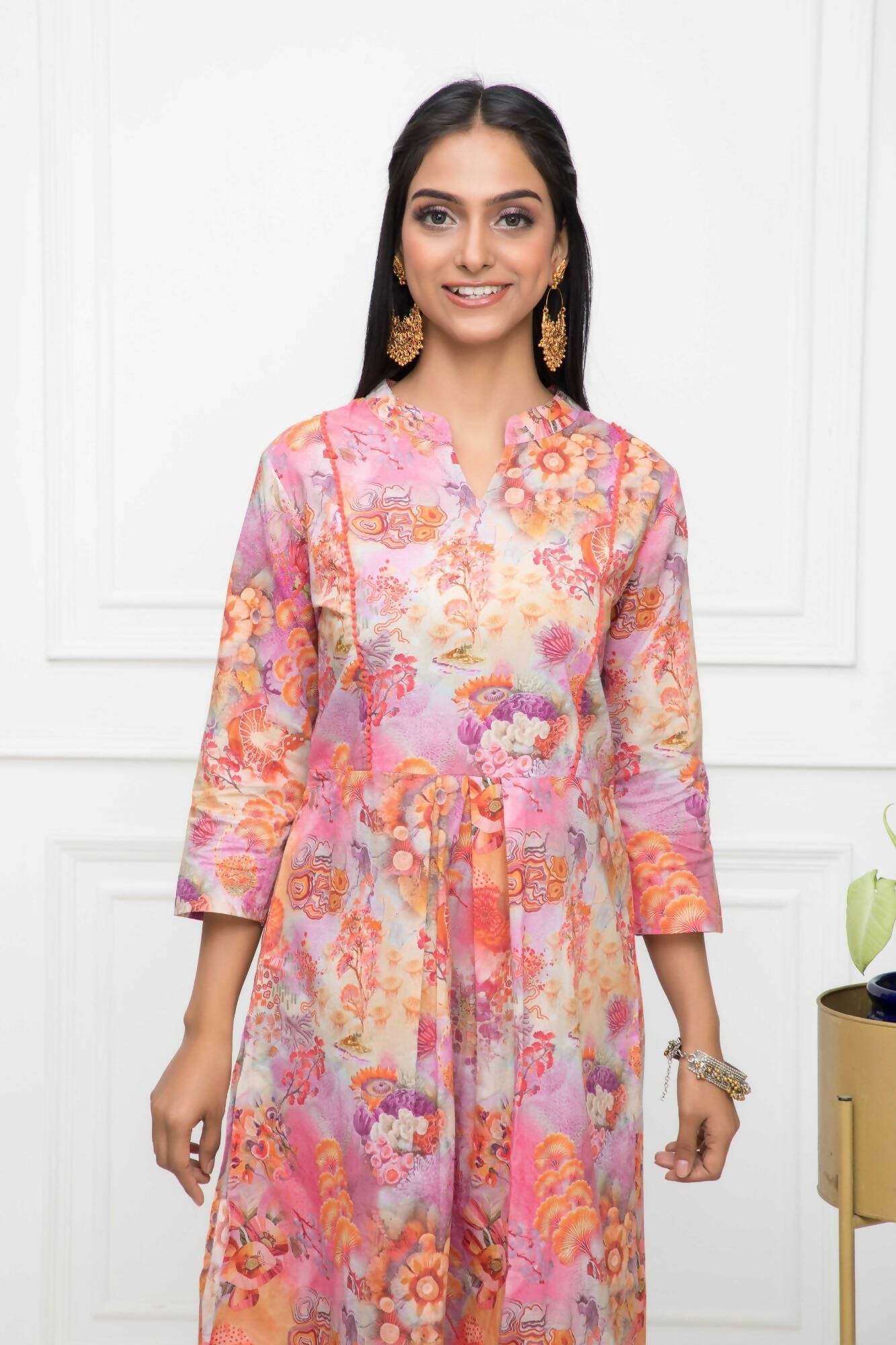 Myshka Multi Floral Women Cotton A-Line Round Neck Kurtas