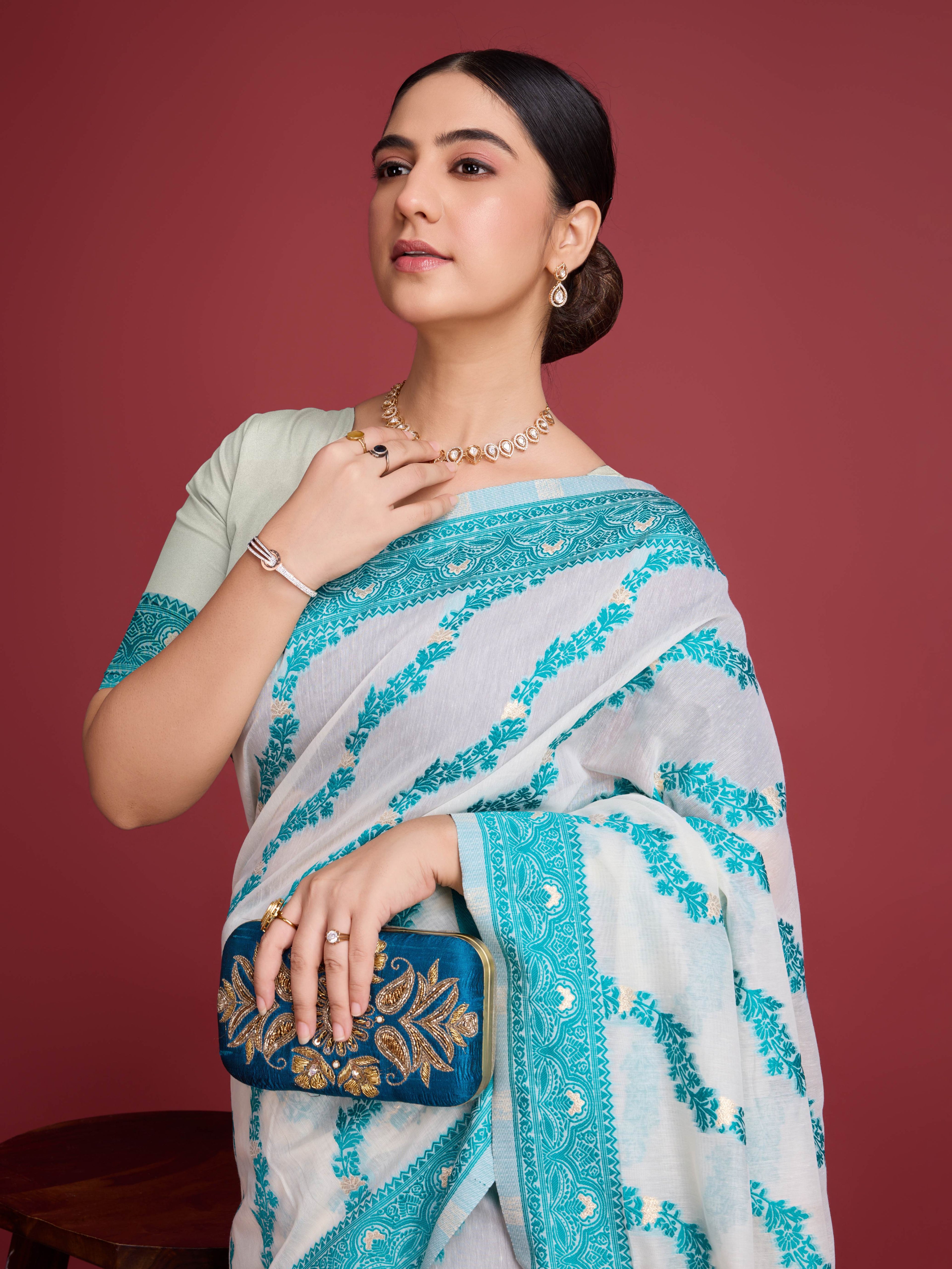 Vedant Vastram Dhakai Jamdani Cotton Saree - Rama