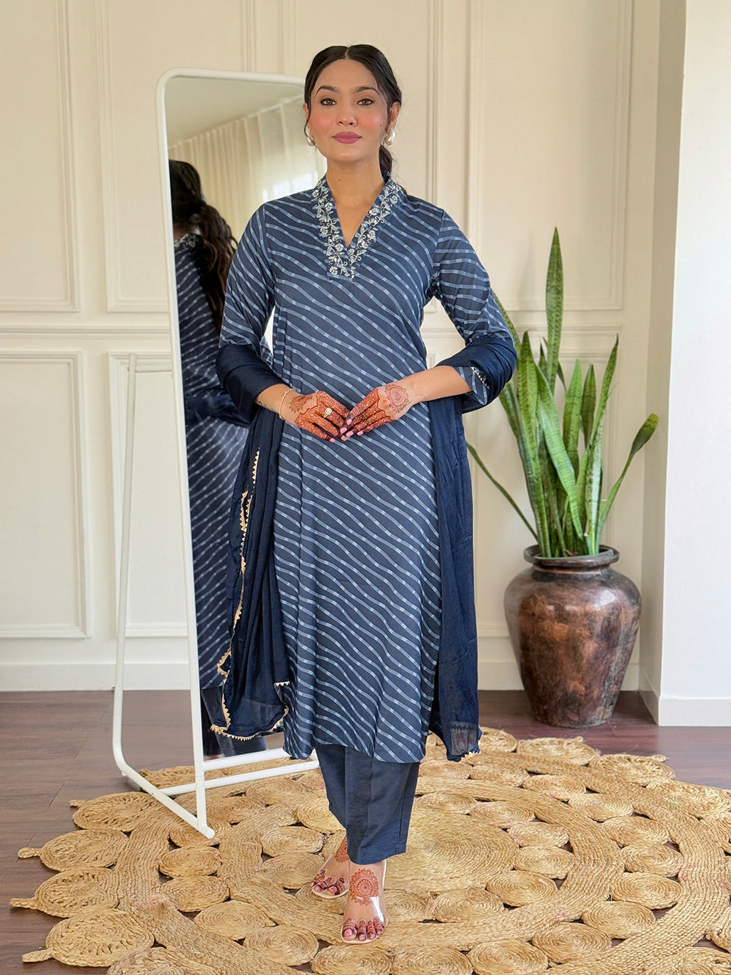 The52 Women's Muslin hand Embroidered Straight Kurta, Pant and Dupatta Set