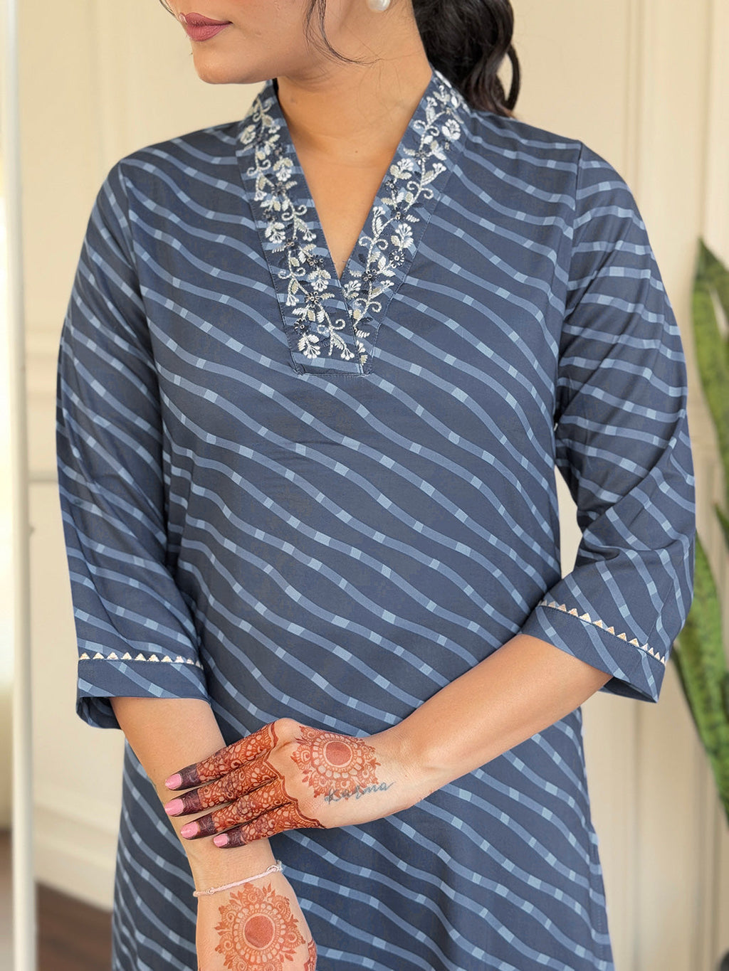 The52 Women's Muslin hand Embroidered Straight Kurta, Pant and Dupatta Set