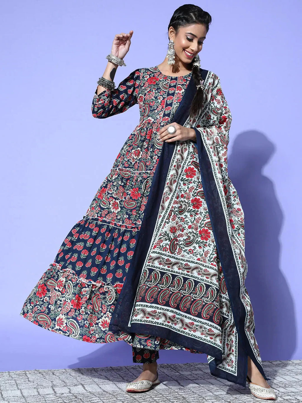 Yufta Navy Blue Printed Cotton Dupatta Set