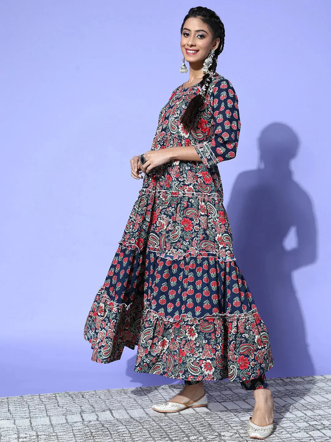 Yufta Navy Blue Printed Cotton Dupatta Set