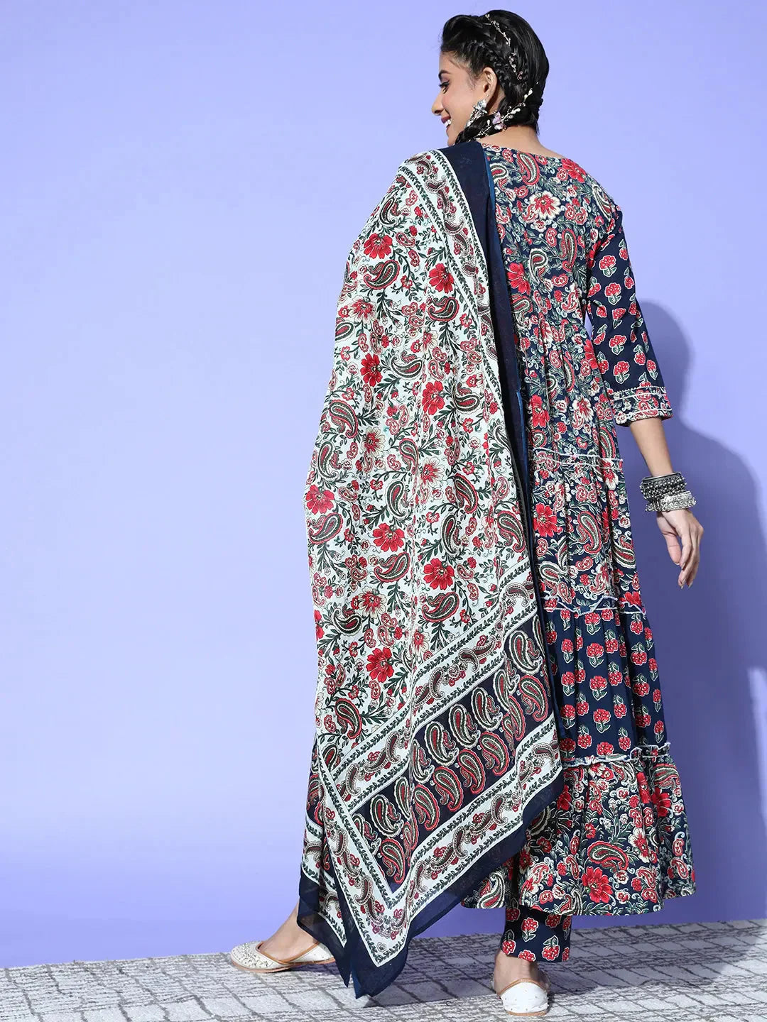 Yufta Navy Blue Printed Cotton Dupatta Set