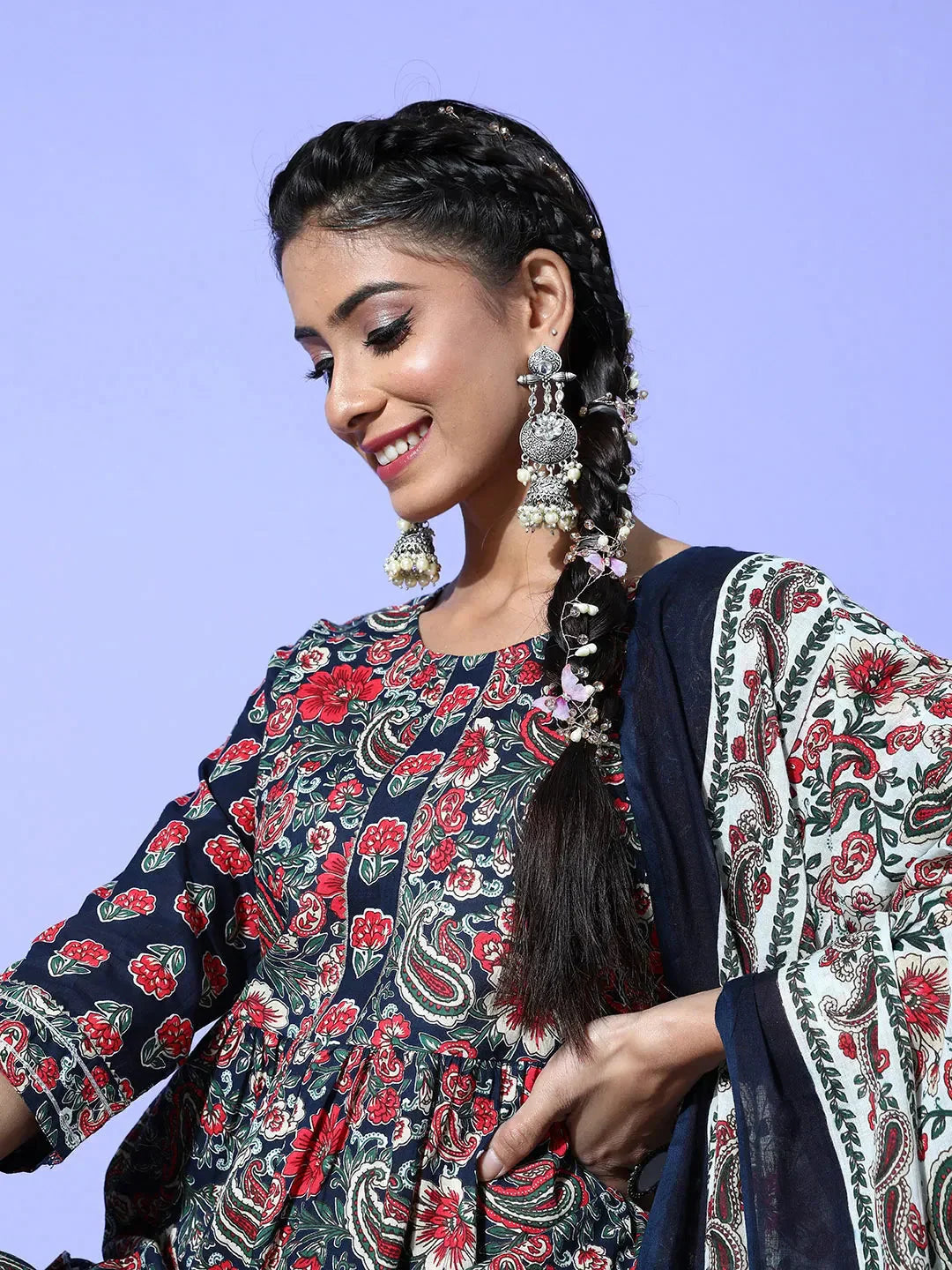 Yufta Navy Blue Printed Cotton Dupatta Set