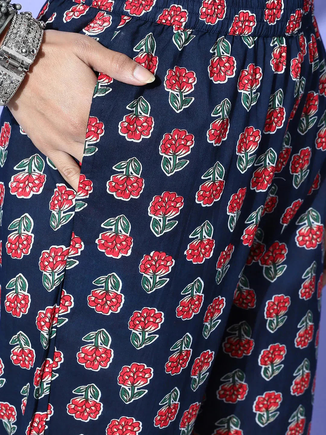 Yufta Navy Blue Printed Cotton Dupatta Set