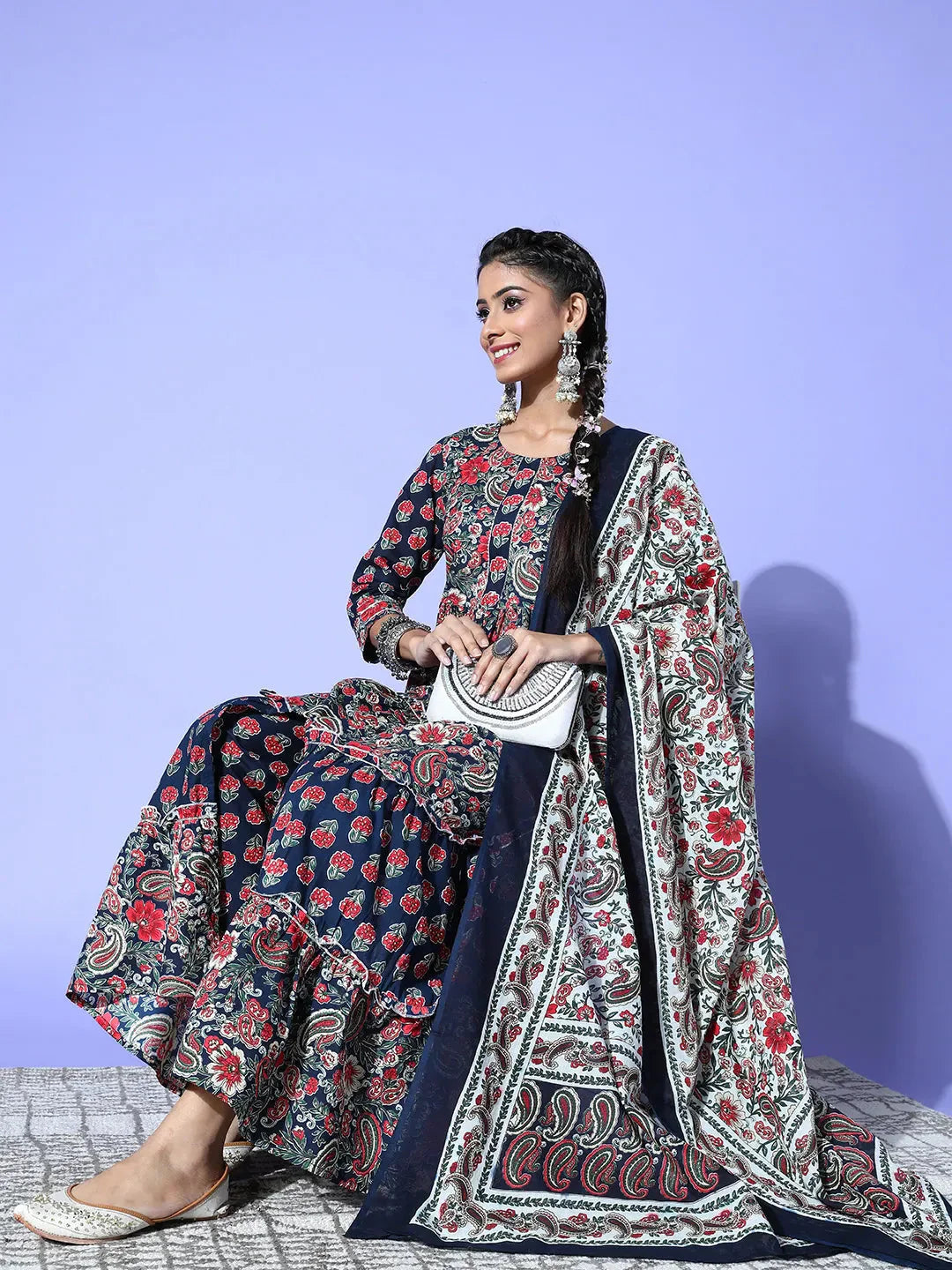 Yufta Navy Blue Printed Cotton Dupatta Set