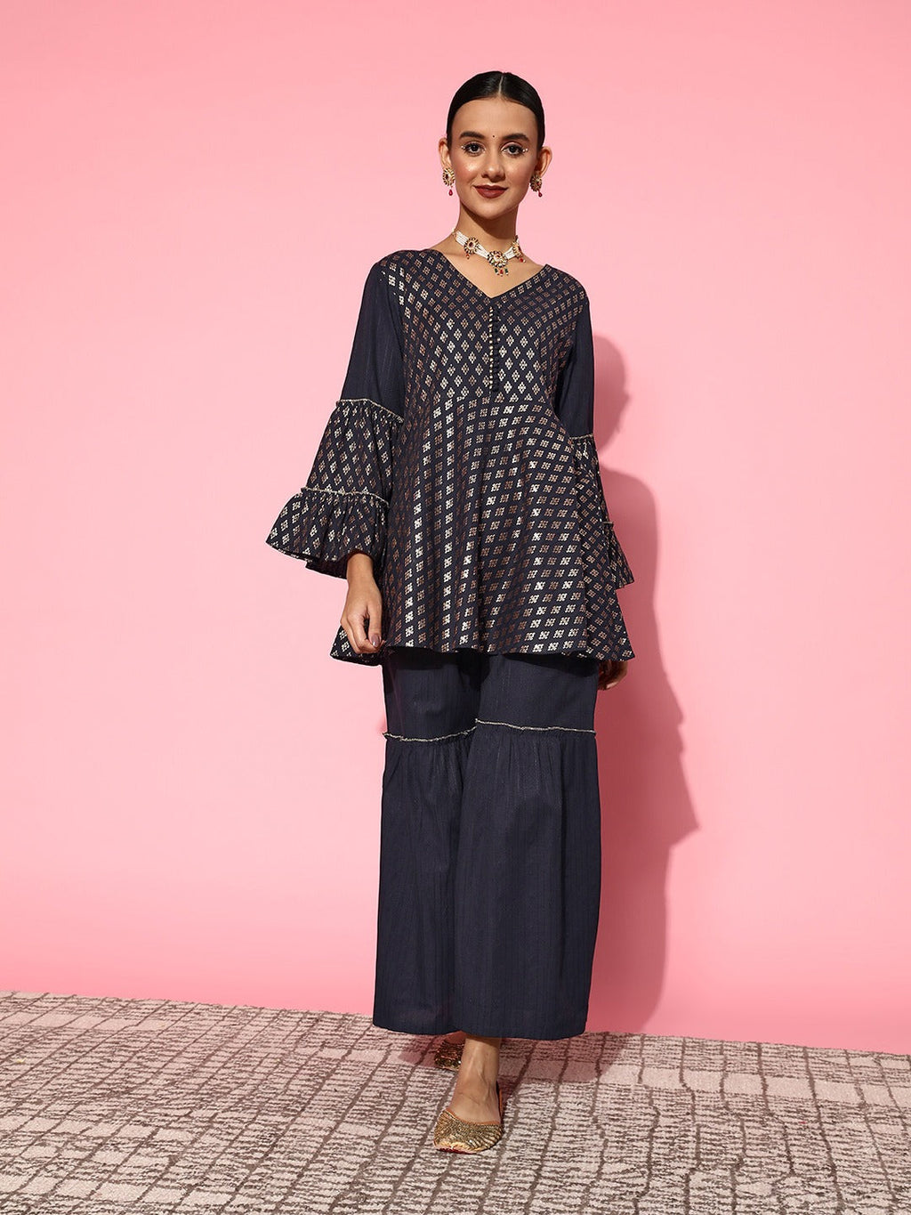 Yufta Navy Blue Printed Kurta & Sharara