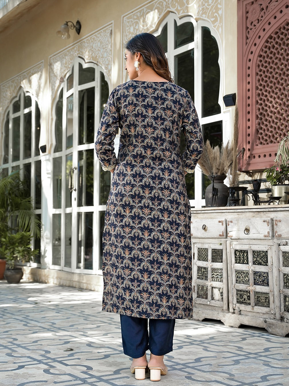 Yufta Navy Blue Printed Zari_Work Kurta Trouser Set