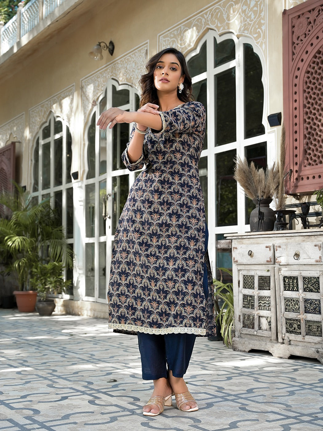 Yufta Navy Blue Printed Zari_Work Kurta Trouser Set