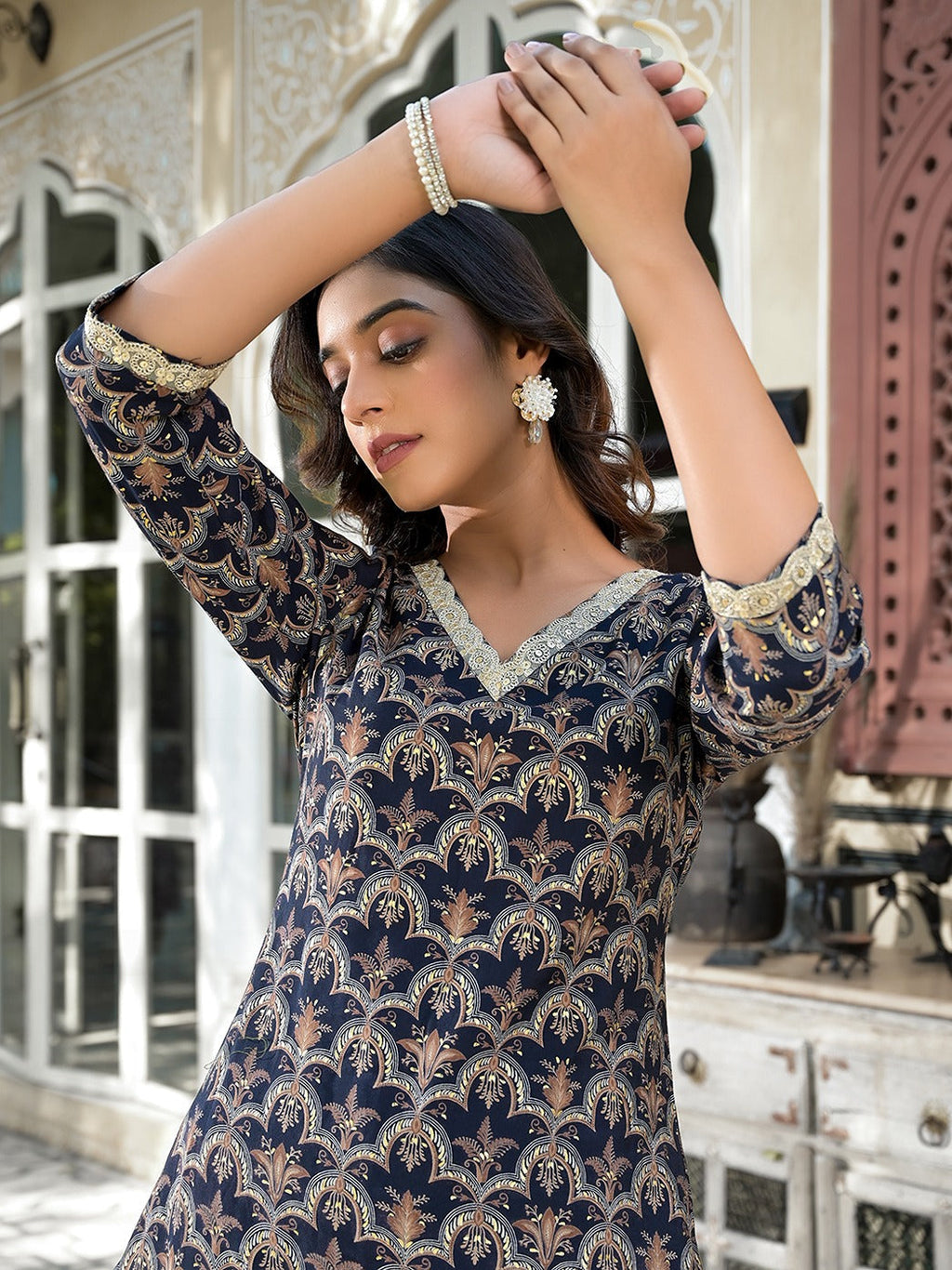 Yufta Navy Blue Printed Zari_Work Kurta Trouser Set