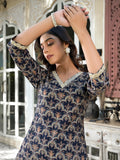 Yufta Navy Blue Printed Zari_Work Kurta Trouser Set