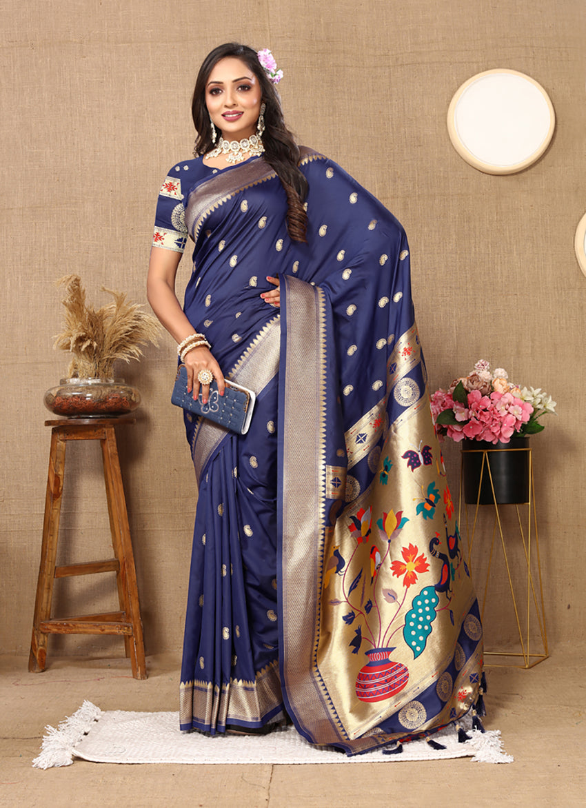 Lorenvalley Fashion Navyblue Soft Paithani Silk Woven Design Rich Zari Meenakari Weaving Saree
