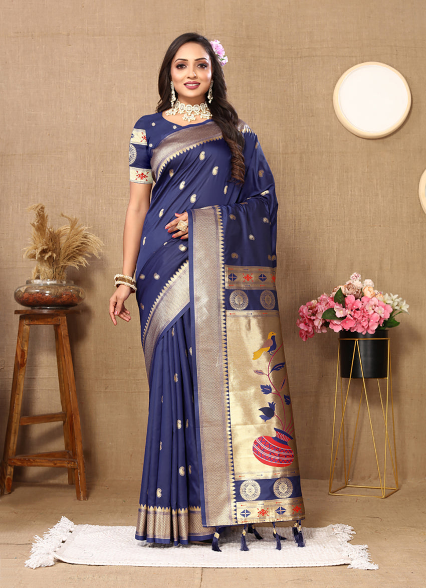 Lorenvalley Fashion Navyblue Soft Paithani Silk Woven Design Rich Zari Meenakari Weaving Saree