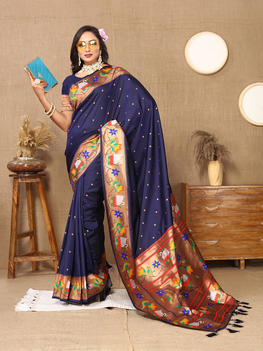 Lorenvalley Fashion Navyblue Soft Paithani Silk Woven Design Rich Zari Meenakari Weaving Saree