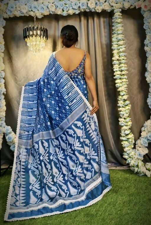 Exclusive Collection Beautiful Peacock Blue Jaal Jamdani Saree