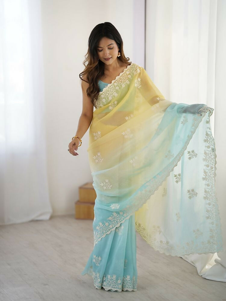 Yellow Crunchy Silk Embroidery Work Party Wear Saree - Lakshita