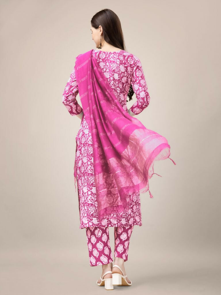 Jyoti Fashion Women's Pink Rayon Print with Embroidery & Fancy Lace Work Kurta with Trouser & Dupatta