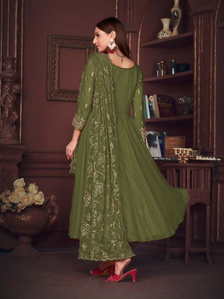 Jyoti Fashion Women's Olive Green Georgette Embroidered Anarkali Kurta Pant Set With Dupatta