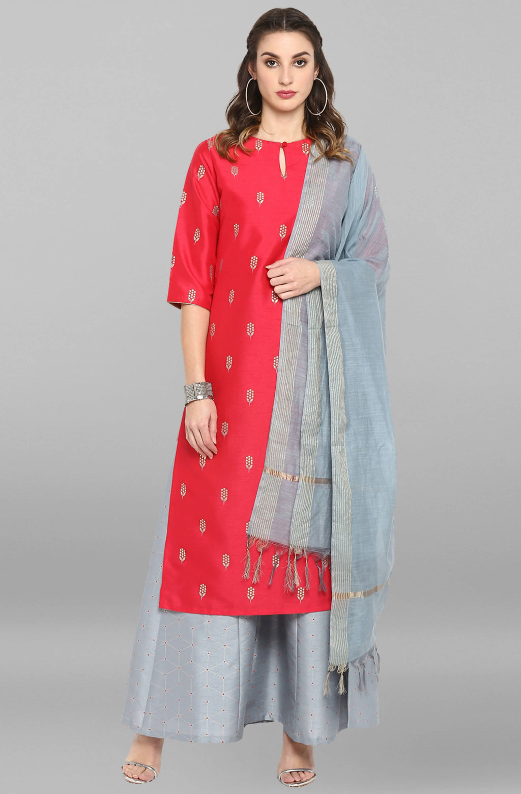 Janasya Women's Blue Cotton Floral Print Top With Palazzo