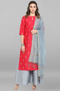 Janasya Women's Blue Cotton Floral Print Top With Palazzo